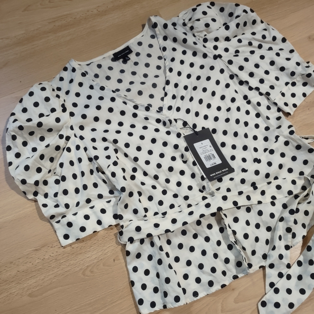 Who What Wear Monochrome Polka Dot Top Puffy Sleeves Vintage Style - Picture 2 of 11